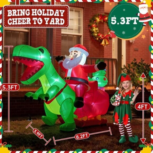 🆕8.2FT Long Christmas Inflatables with LED Santa Ride on Dinosaur Outdoor Decor - Picture 7 of 9